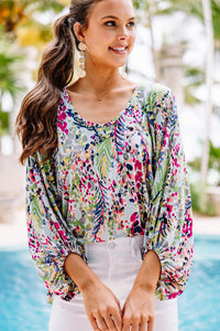 Green Floral Print Puffy Sleeve Loose Blouse | Tops/Blouses & Shirts