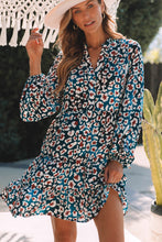 Load image into Gallery viewer, Bubble Sleeve Dress | Blue Leopard Print Ruffled Shirt Dress
