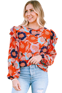 Puff Sleeve Blouse | Fiery Red Floral Print Ruffle