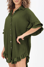 Load image into Gallery viewer, Pleated Shirt Dress | Green High-Low Hem Ruffle Sleeve Dress
