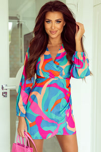 Puff Sleeve Dress | Multi-Color Abstract Print Wrap V Neck