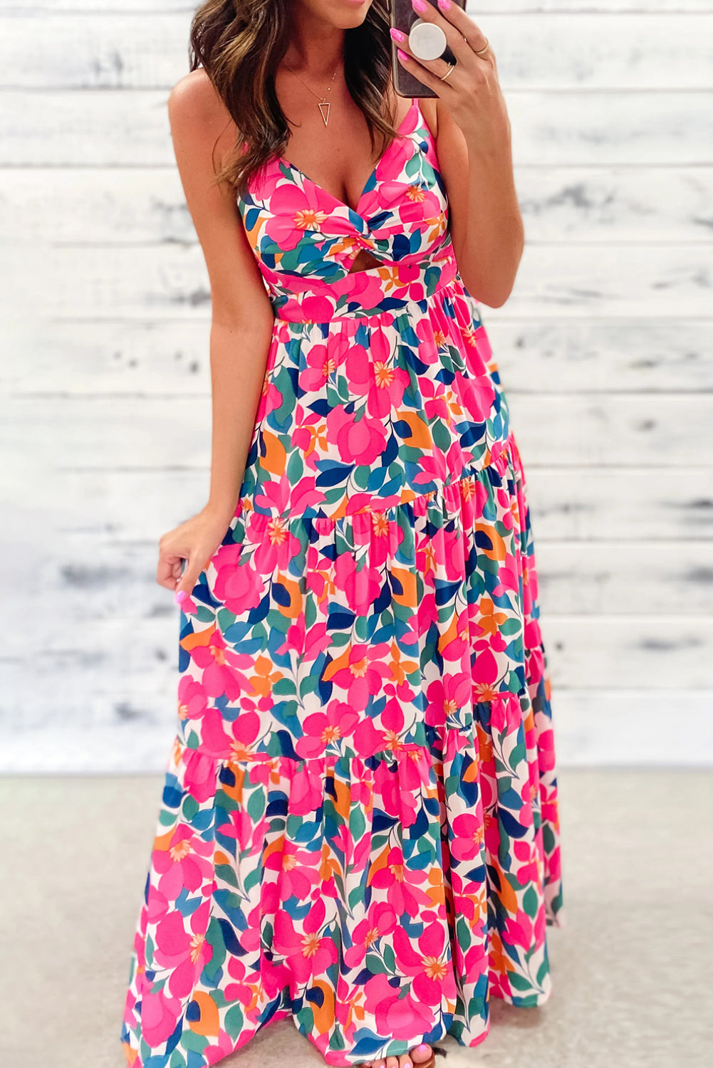 Rose Floral Twisted Smocked Back Tiered Maxi Dress | Dresses/Maxi Dresses