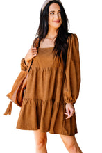 Load image into Gallery viewer, Chestnut Square Neck Puff Sleeve Tiered Corduroy Mini Dress
