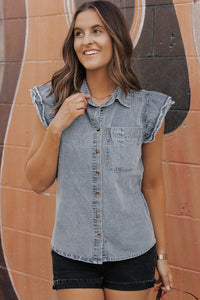 Denim Shirt | Beau Blue Frayed Ruffle Sleeve Top