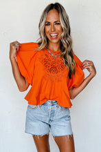 Load image into Gallery viewer, Puff Sleeve Top | Orange Hollowed Lace Blouse
