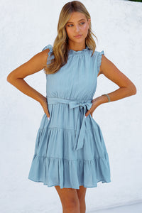 Sky Blue Frilled Neck Sleeveless Tiered Tulle Dress | Dresses/Mini Dresses