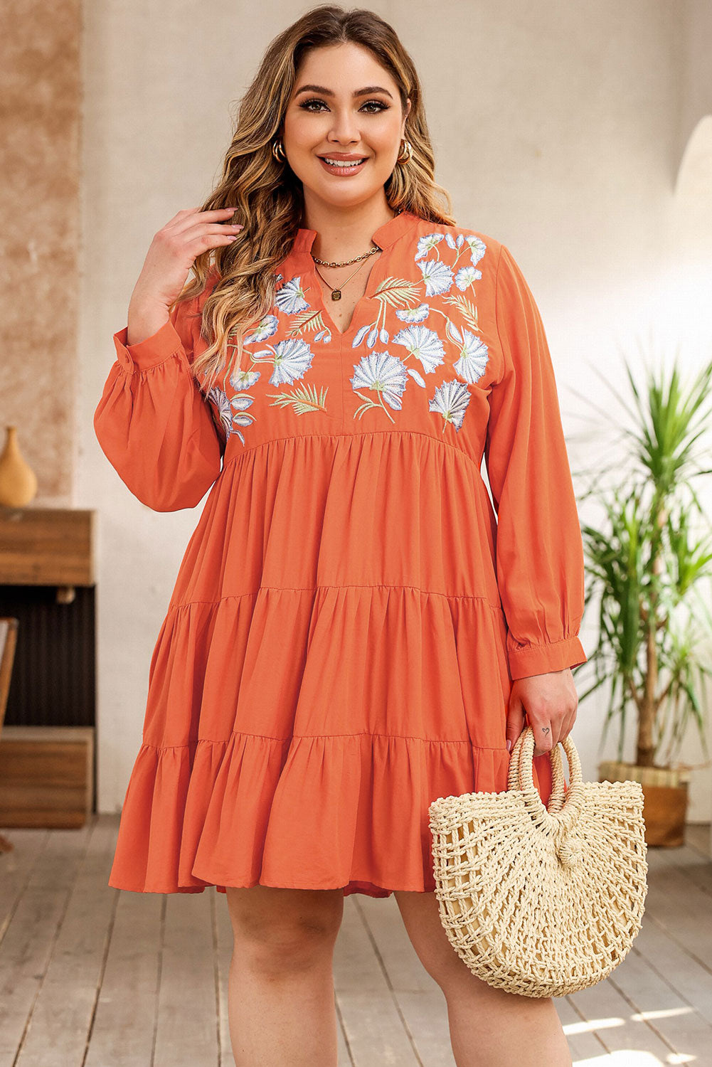 Tiered Ruffle Dress | Orange Plus Size Embroidered Dress