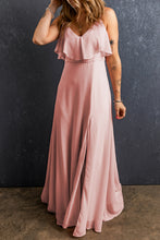 Load image into Gallery viewer, Light Pink Spaghetti Straps V Neck Ruffled Split Long Dress
