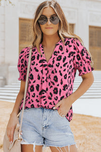 Pink Leopard Notch Neck Bubble Sleeve Blouse | Tops/Blouses & Shirts