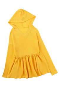 Yellow V Neck Drop Shoulder Hooded Flowy Top with Frill | Tops/Sweatshirts & Hoodies