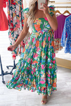 Load image into Gallery viewer, Green Floral Print Sleeveless Ruffle Tiered Maxi Dress | Dresses/Floral Dresses
