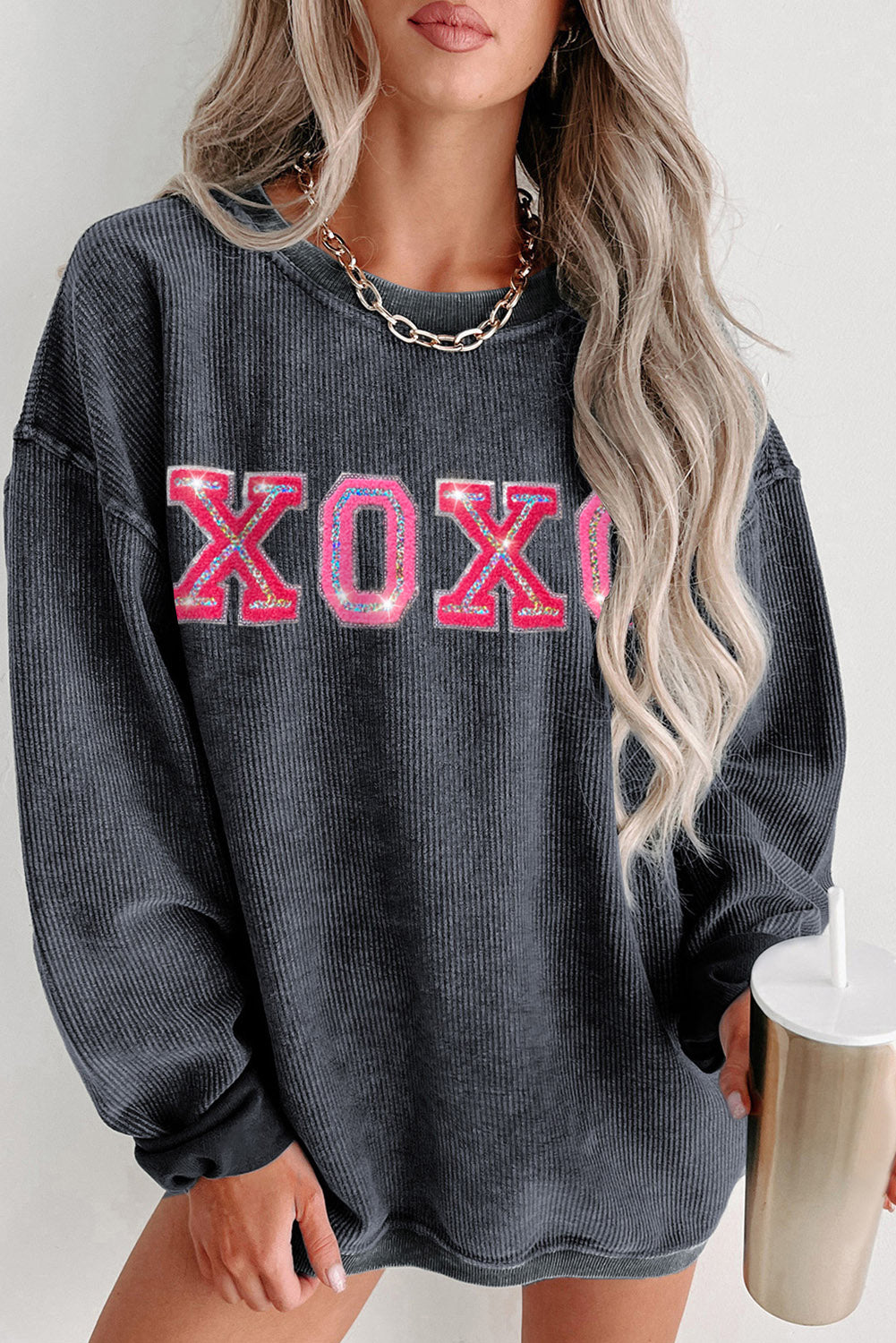 Gray Valentine Sequin XOXO Corded Crew Neck Sweatshirt | Graphic/Graphic Sweatshirts