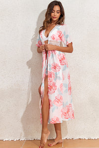 White Floral Print Lace Splicing Knot Front Beach Cover Up | Swimwear/Beach Cover-ups