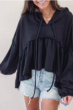 Load image into Gallery viewer, Black Oversized Ruffled High Low Hem Drop Shoulder Hoodie | Tops/Sweatshirts &amp; Hoodies
