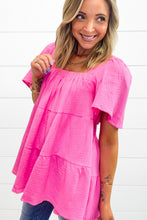 Load image into Gallery viewer, Bright Pink Textured Square Neck Flutter Sleeve Tiered Flowy Blouse | Tops/Blouses &amp; Shirts
