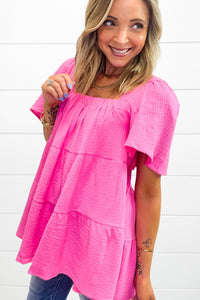 Bright Pink Textured Square Neck Flutter Sleeve Tiered Flowy Blouse | Tops/Blouses & Shirts