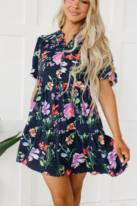 Bubble Sleeve Dress | Black Floral Button Mandarin Collar Dress