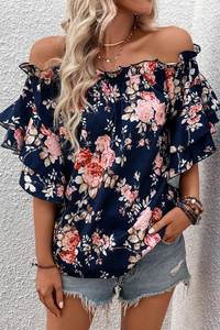 Blue Ruffle Off Shoulder Flounce Sleeve Floral Blouse | Tops/Blouses & Shirts