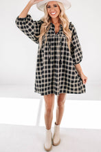 Load image into Gallery viewer, Babydoll Dress | Black Plaid Print Notched Neck Puff Sleeve
