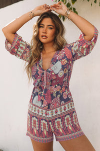 Women Romper | Purple Vintage Printed 3/4 Sleeves V Neck Romper | Bottoms/Jumpsuits & Rompers