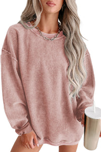 Pullover Sweatshirt | Pink Solid Ribbed Knit Round Neck