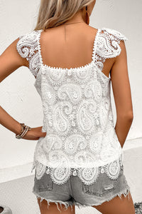 White Lace Crochet Ruffled Square Neck Tank Top | Tops/Tank Tops