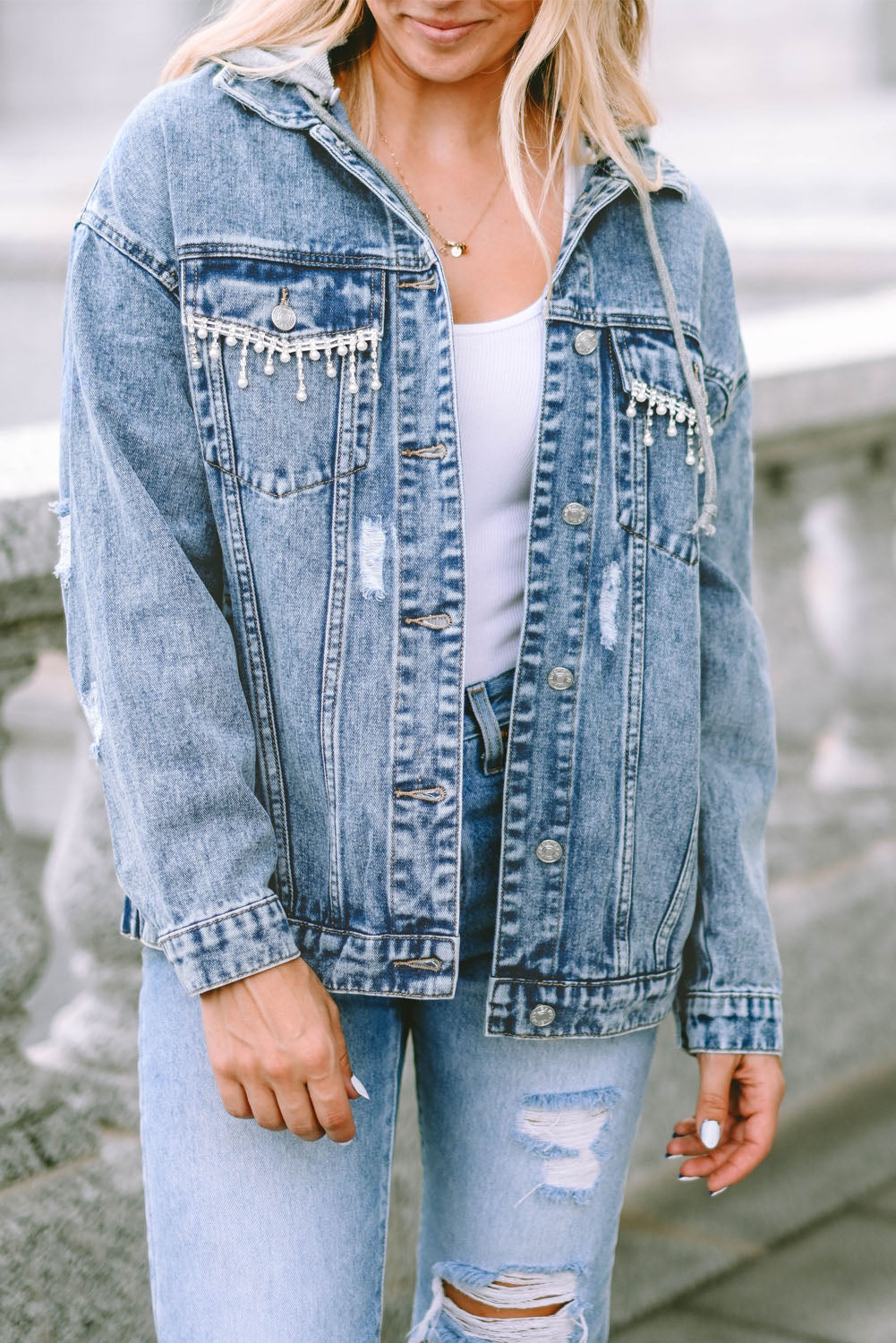 Sky Blue Rhinestone Fringed Hooded Denim Jacket