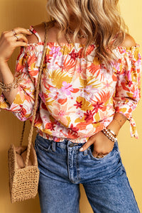 Multicolor Floral Print Shirred Knotted Off Shoulder Blouse | Tops/Blouses & Shirts