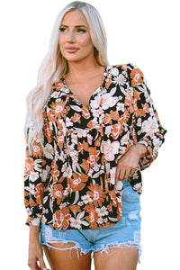 Brown Floral Print 3/4 Sleeve Babydoll Blouse | Tops/Blouses & Shirts