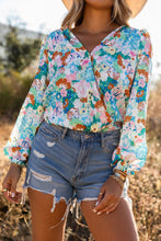 Load image into Gallery viewer, Sky Blue Floral Print Wrap Long Sleeve Bodysuit | Tops/Bodysuits
