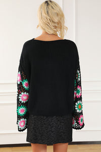 Black Floral Crochet Bell Sleeve Loose Sweater | Tops/Sweaters & Cardigans