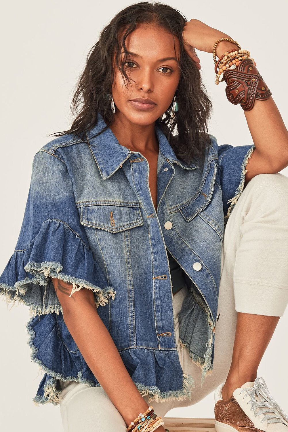 Peacock Blue Raw Edge Ruffled Short Sleeve Denim Jacket | Outerwear/Denim jackets