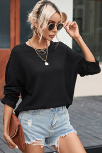 Oversized Top | Black Waffle Knit High Slits