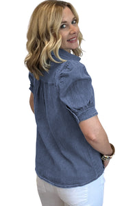 Denim Shirt | Blue Bubble Sleeve Button Up Top