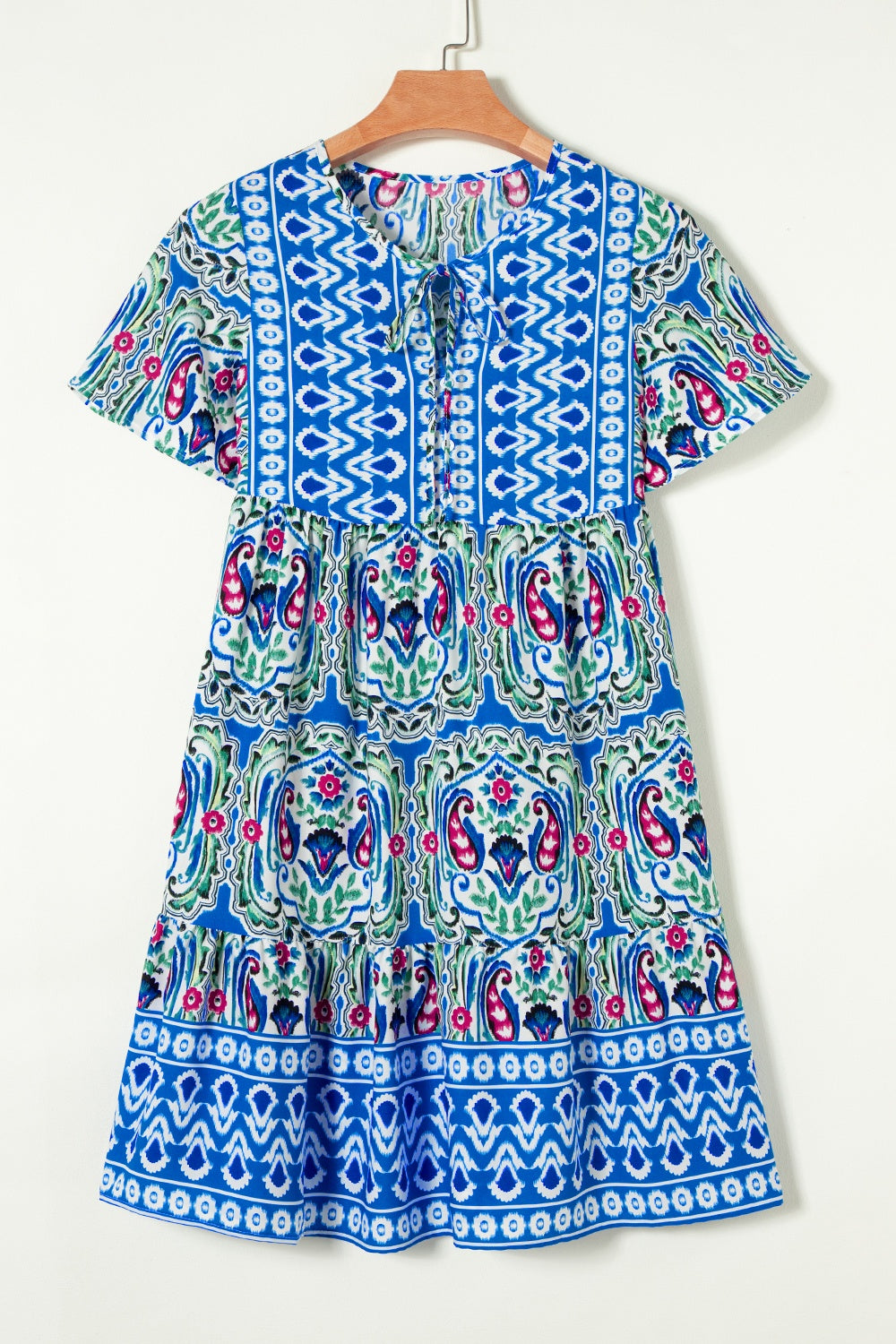 Womens Short Sleeve Dress-Printed Tie Neck Short Sleeve Dress | Dress