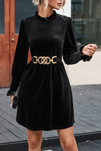 Load image into Gallery viewer, Black Velvet Frill Neck Long Sleeve Shift Dress | Dresses/Mini Dresses
