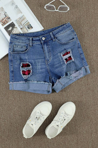 Plaid Patchwork Rolled Hem Denim Shorts | Bottoms/Denim Shorts