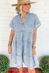 Beau Blue Acid Wash V Neck Tiered Denim Dress | Dresses/Mini Dresses