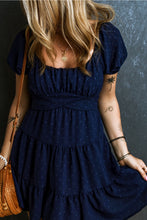 Load image into Gallery viewer, Puff Sleeve Dress | Navy Blue Swiss Dot Crossover Tiered Dress
