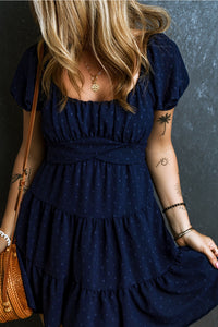 Puff Sleeve Dress | Navy Blue Swiss Dot Crossover Tiered Dress