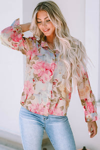 Pink All Floral Puff Sleeve Collared Shirt | Tops/Blouses & Shirts