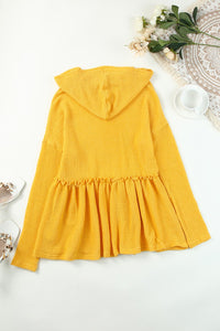 Yellow V Neck Drop Shoulder Hooded Flowy Top with Frill | Tops/Sweatshirts & Hoodies