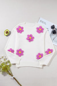 Crochet Flower Sweater | Round Neck Long Sleeve Sweater