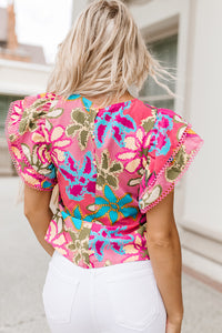 Multicolor Vibrant Floral Print Trimmed Ruffle Sleeve Blouse | Tops/Blouses & Shirts