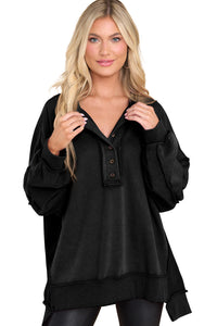 Black Oversized Exposed Seam Henley Sweatshirt | Tops/Sweatshirts & Hoodies