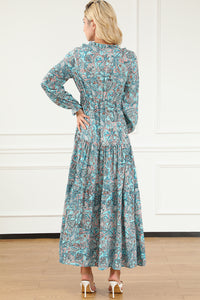 Sky Blue Bohemian Paisley Print Long Sleeve Tiered Maxi Dress | Dresses/Maxi Dresses