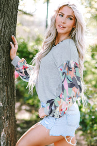 V Neck Top | Gray Floral Lantern Sleeve Patchwork Blouse