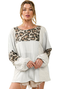 White Leopard Patch Puff Sleeve Textured Blouse | Tops/Blouses & Shirts