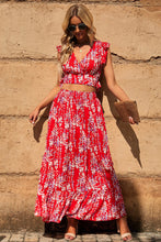 Load image into Gallery viewer, Fiery Red Multicolor Floral Ruffled Crop Top and Maxi Skirt Set | Two Piece Sets/Two Piece Dresses
