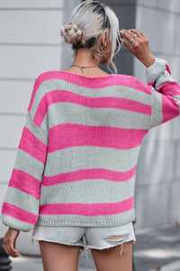 Rose Striped Colorblock Knit V Neck Loose Fit Sweater | Tops/Sweaters & Cardigans